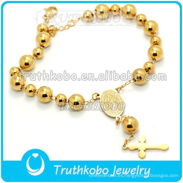 Medalla católica al vacío Acero inoxidable Brazalete de oro Rosario Abalorio San Benito Santo Cruz Pulsera Nuestra Señora de Guadalupe